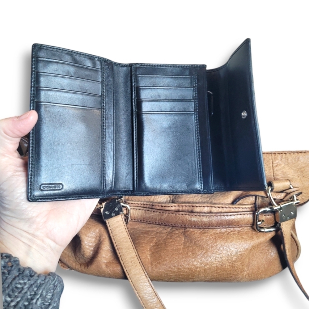Coach Signature Canvas Leather Trifold Wallet Brown Tan Snap Coin Pocket - Picture 3 of 8